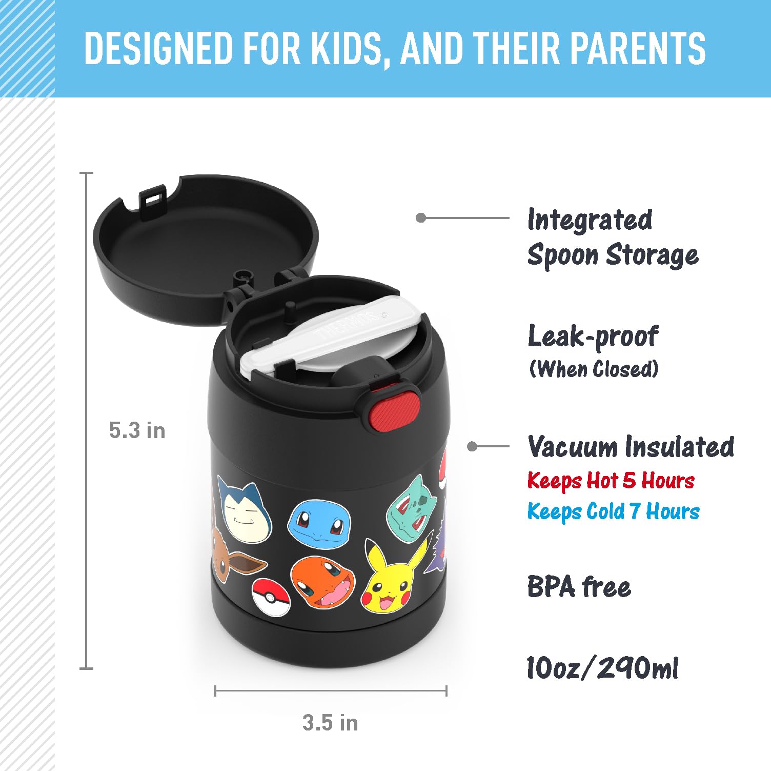 Thermos Funtainer 10 Ounce Stainless Steel Vacuum Insulated Kids Food Jar With Spoon, Pokemon